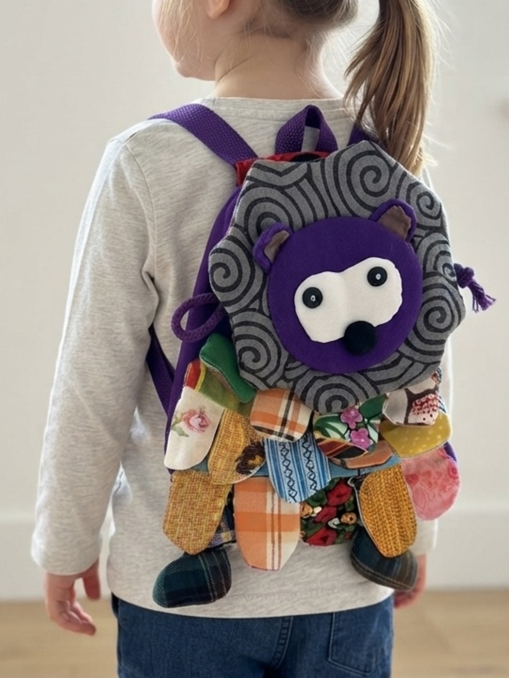 Handmade Purple Patchwork Plush Lion Kids Backpack